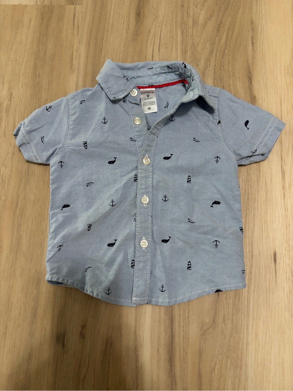 Carter's Light Blue Short-Sleeve Button-Down with Navy Nautical Motifs